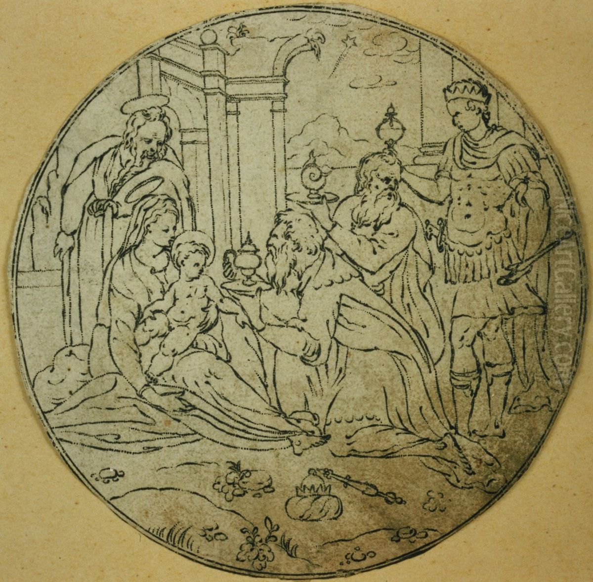 Medaillon mit der Anbetung der Konige Oil Painting by unknown