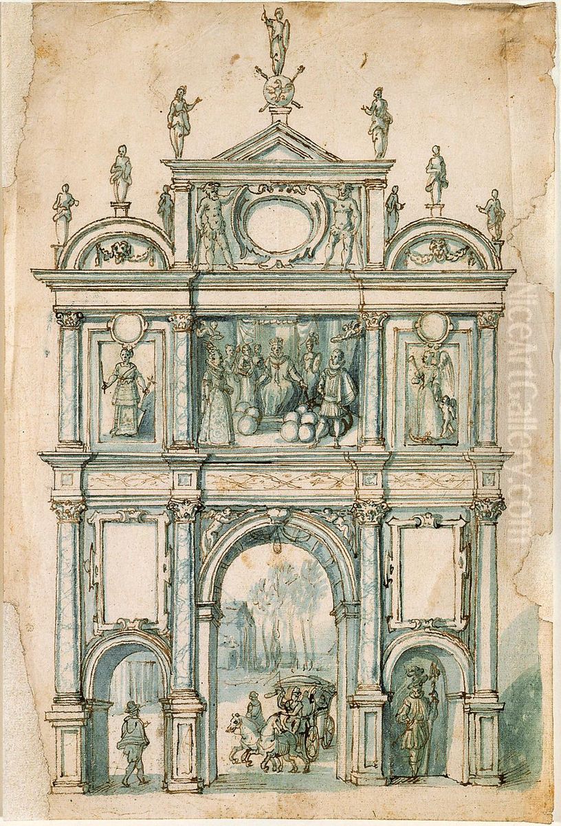 L'arc de triomphe pour l'abbaye Saint-Michel lors de la joyeuse entree a Anvers en 1599 des archiducs Albert et Isabelle Oil Painting by Joos de Momper the Younger
