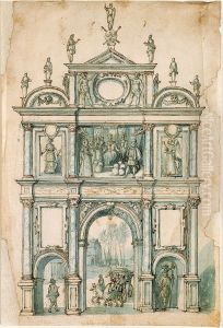 L'arc de triomphe pour l'abbaye Saint-Michel lors de la joyeuse entree a Anvers en 1599 des archiducs Albert et Isabelle