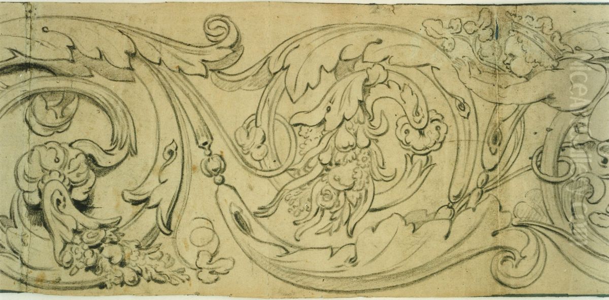 Decorative strip with foliage and putti Oil Painting by unknown
