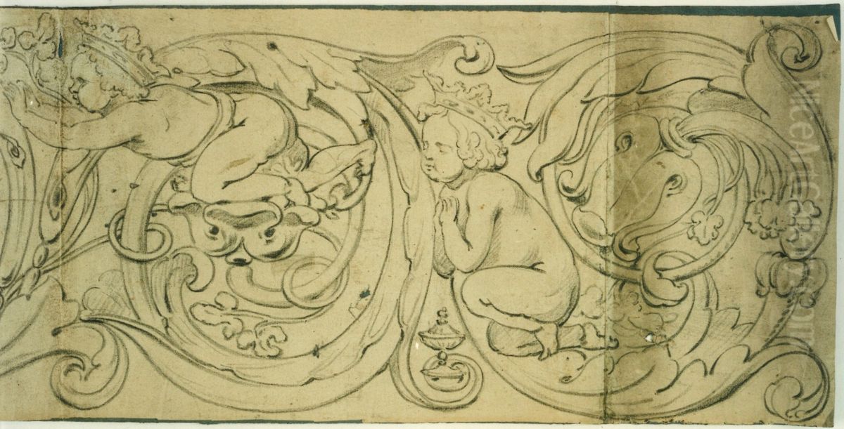 Decoratieve strook met rankwerk en putti Oil Painting by unknown