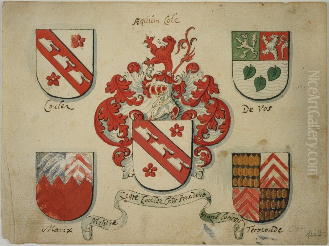 Coats of arms of the families Coulez, De Vos, Marix and Termonde Oil Painting by unknown