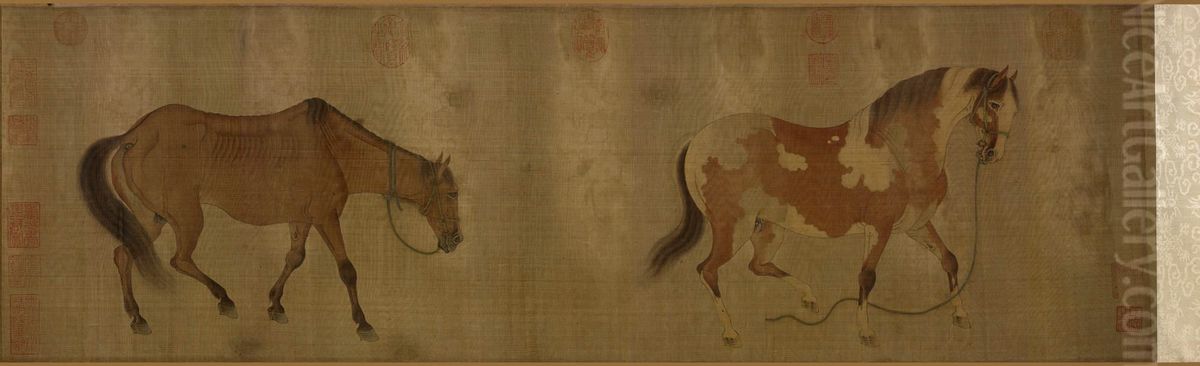 A Fat and a Thin Horse Oil Painting by Ren Renfa