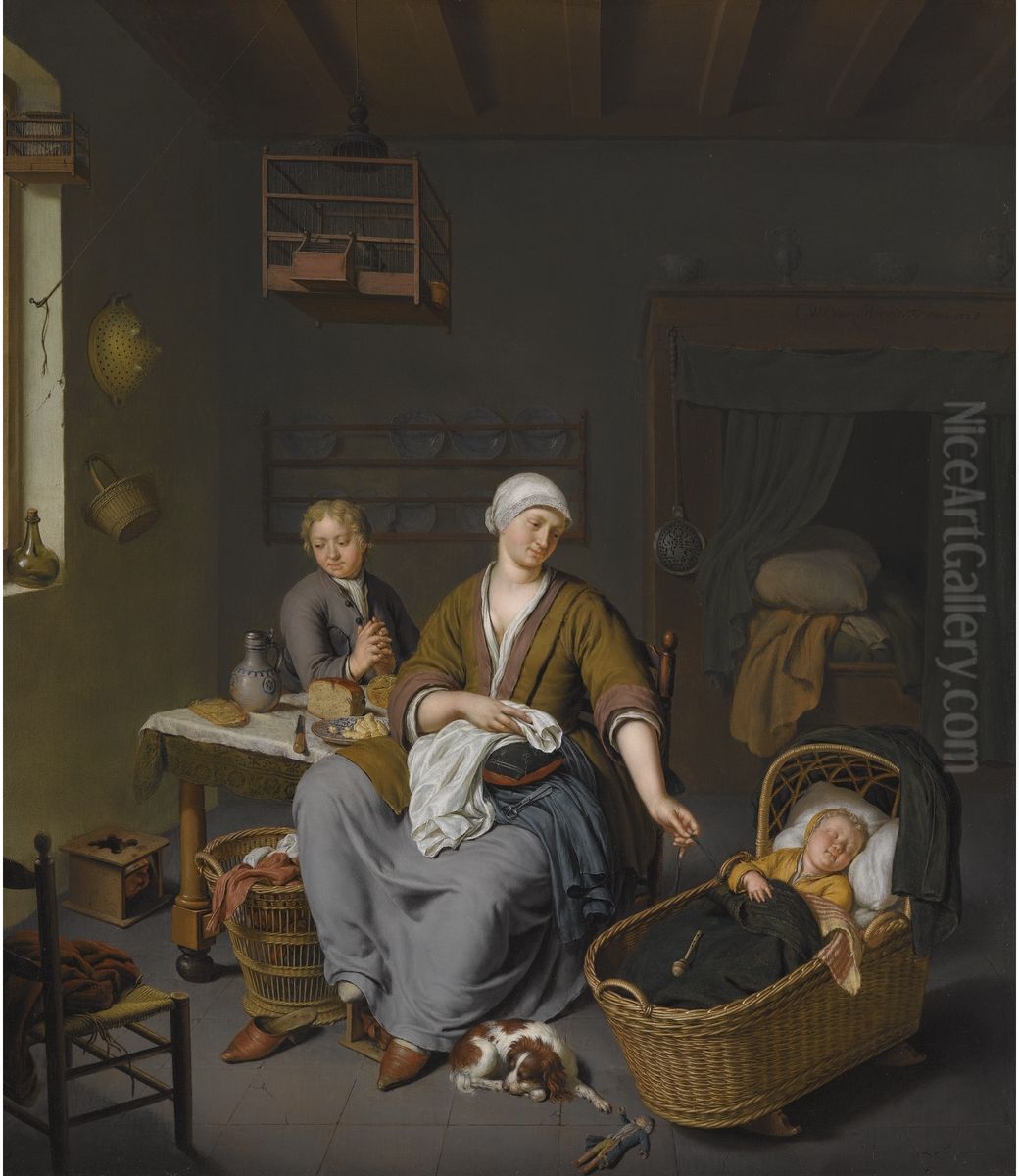 A young mother with two children in an interior Oil Painting by Willem Van Mieris Leiden