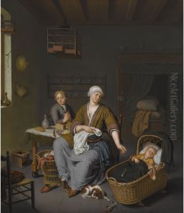 A young mother with two children in an interior A young mother with two children in an interior