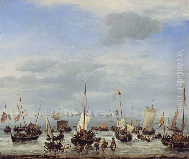 The Embarkation of Charles II at Scheveningen Oil Painting by Willem van de Velde the Younger