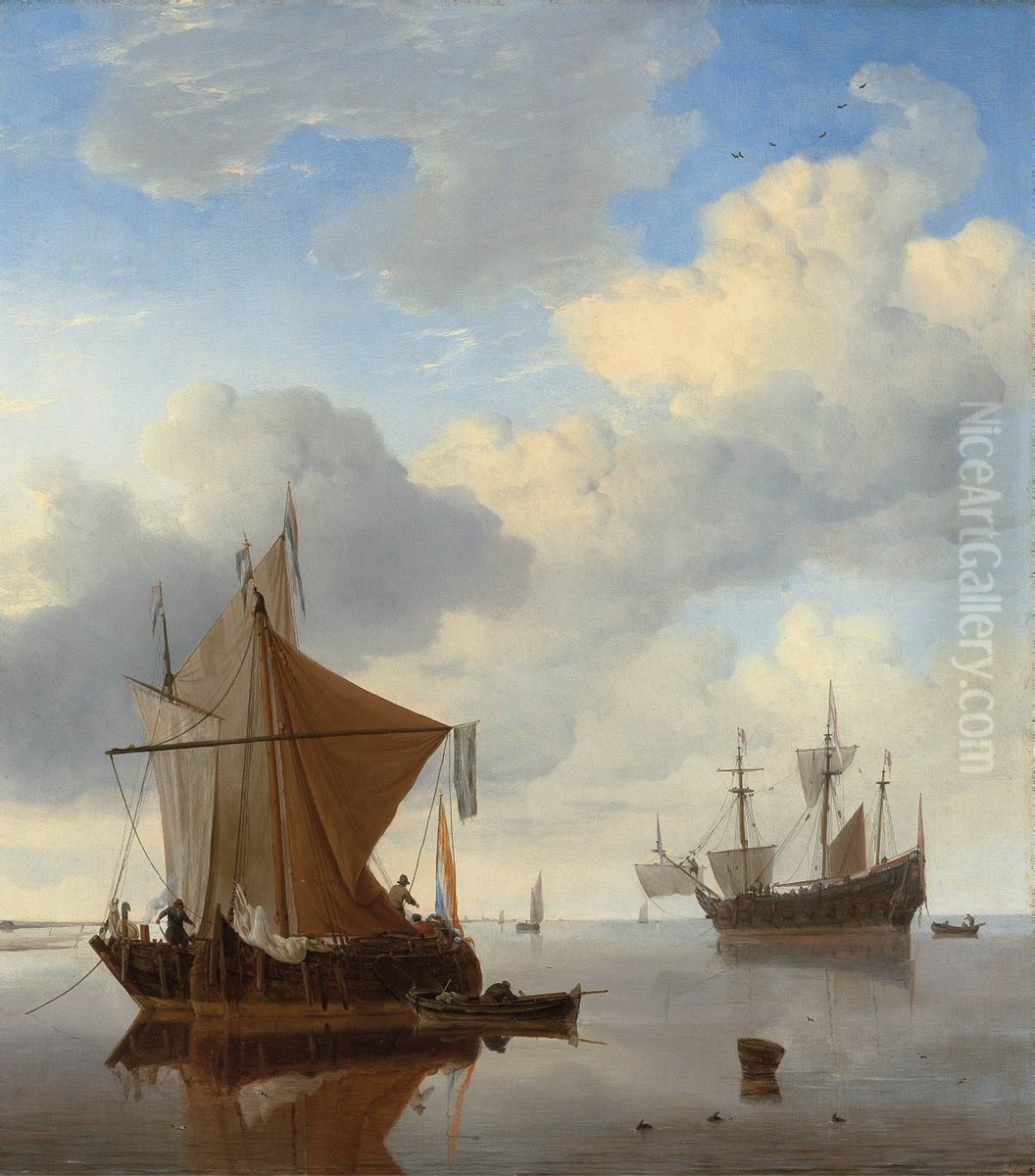 A Calm - A smalschip and a kaag at anchor with an English man-o'-war beyond Oil Painting by Willem van de Velde the Younger