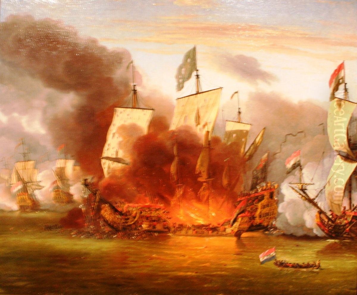 The Burning of the Royal James at the Battle of Solebay, 7 June 1672 Oil Painting by Willem van de Velde the Younger
