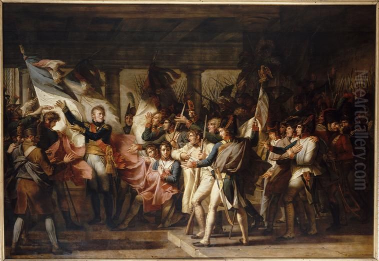 Le Marechal Ney remet aux soldats du 76e regiment de ligne, leurs drapeaux retrouves a l'Arsenal d'Inspruck le 7 novembre 1805 Oil Painting by Charles Meynier