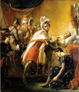 Mort de saint Louis devant Tunis. 25 aout 1270.ouMort de saint Louis devant Tunis au milieu des princes francais et des envoyes de l'empereur de Constantinople Baudoin II le 25 aout 1270