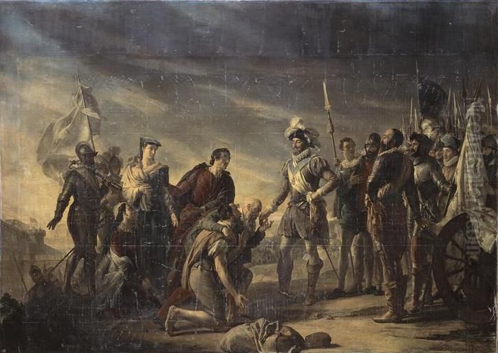 Henri IV devant Paris assiege (aout 1590)ouHenri IV devant Paris assiege, donnant sa bourse aux paysans qui avaient entre des vivres dans la ville, aout 1590 Oil Painting by Georges Rouget