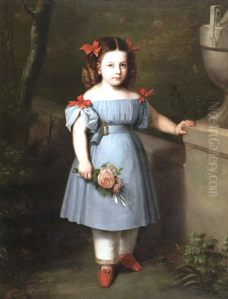 Retrato de nina de azul con rosas en la mano Oil Painting by Antonio Maria Esquivel