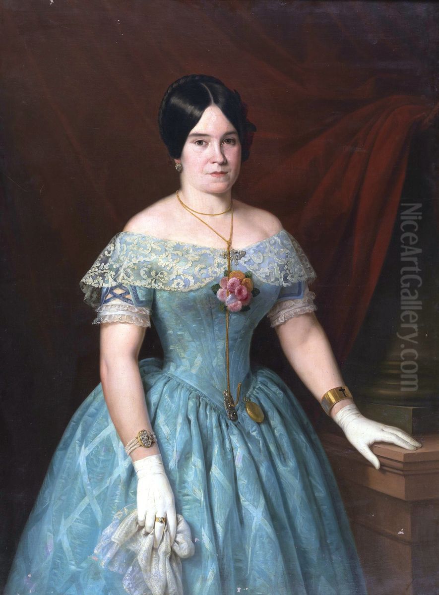 Retrato de senora vestida de azul Oil Painting by Antonio Maria Esquivel