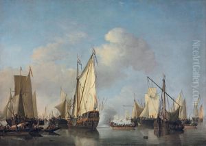 Een Staten Yacht en andere schepen die in een zeer zwak