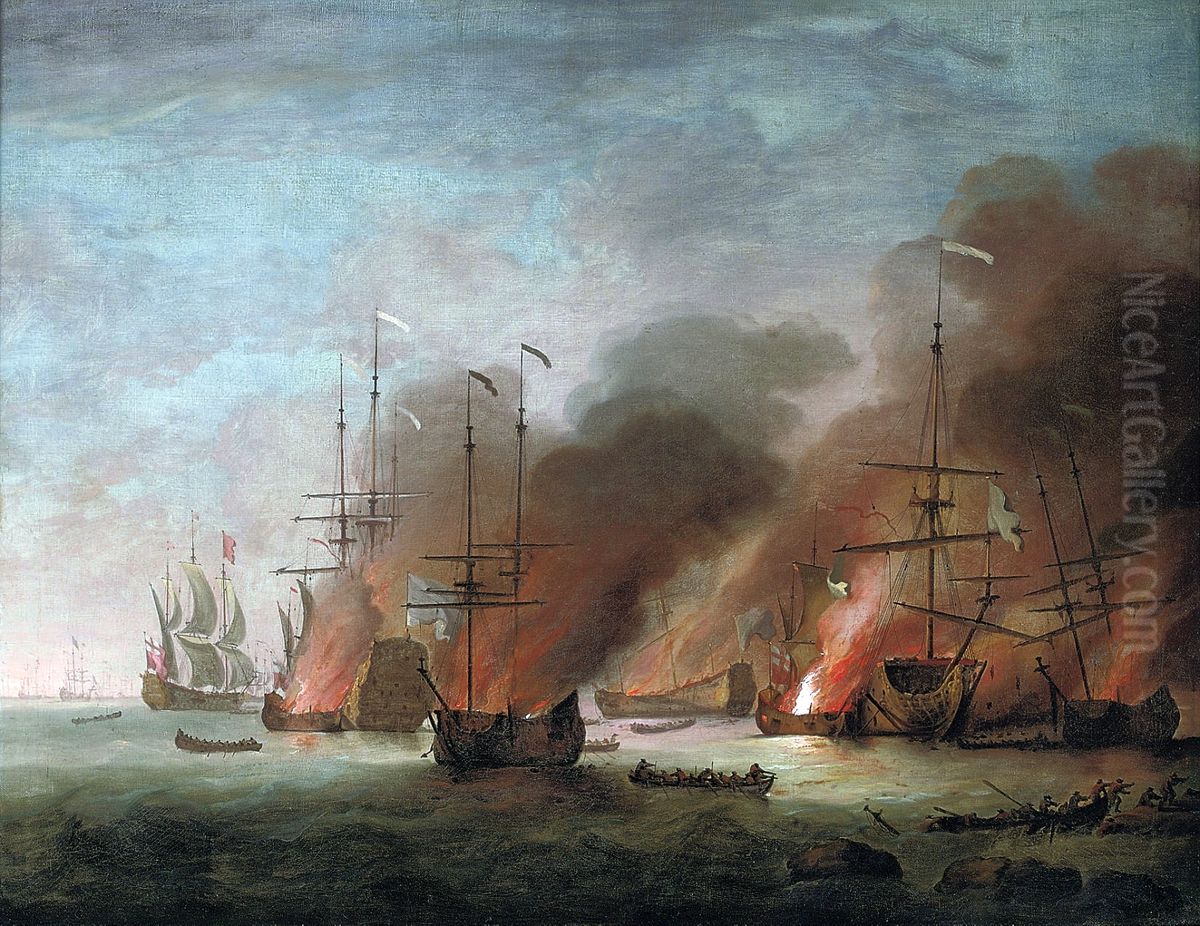 The burning of the French flagshipSoleil Royalin Cherbourg Bay during the protracted battle of La Hogue, 22nd-24th May 1692 Oil Painting by Willem van de Velde the Younger
