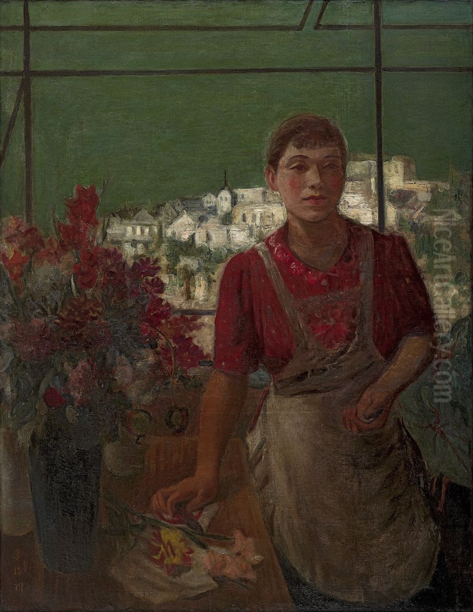 Girl with Flowers Oil Painting by Li Mei-shu