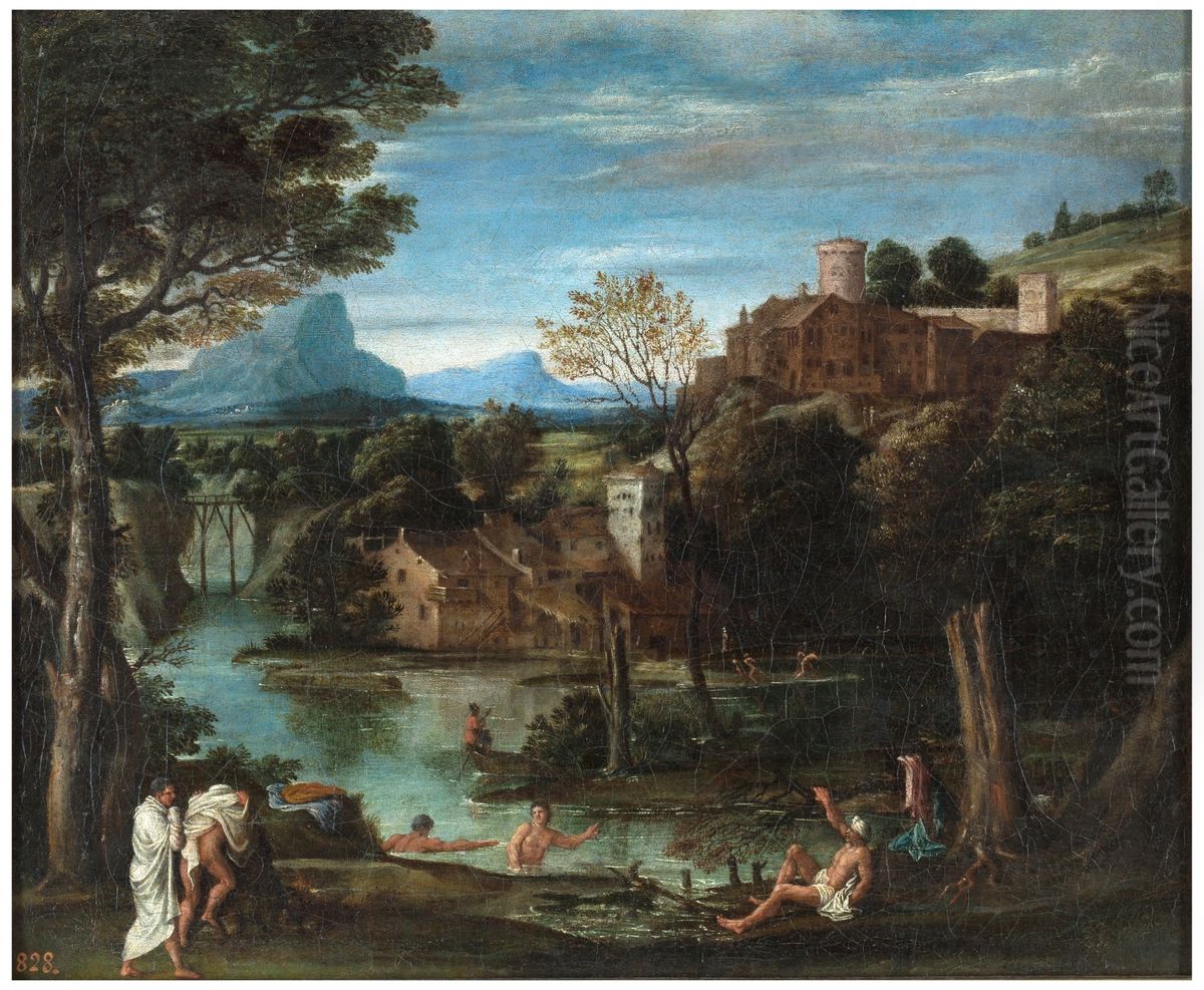 Landscape with river and bathers Oil Painting by Annibale Carracci