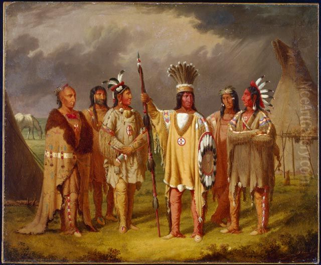 Big Snake, Chief of the Blackfoot Indians, Recounting his War Exploits to Five Subordinate Chiefs Oil Painting by Paul Kane
