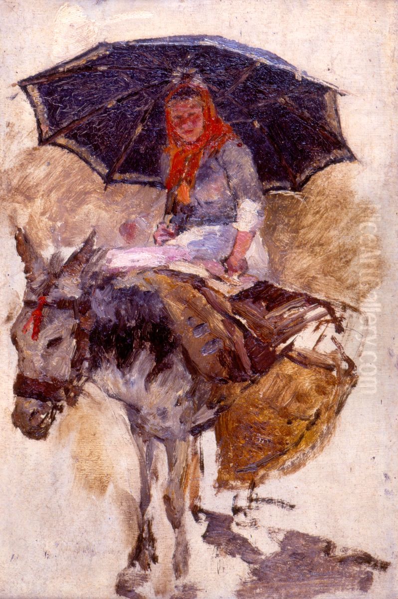 Mulher montada sobre um burrinho Oil Painting by Antonio Carvalho de Silva Porto