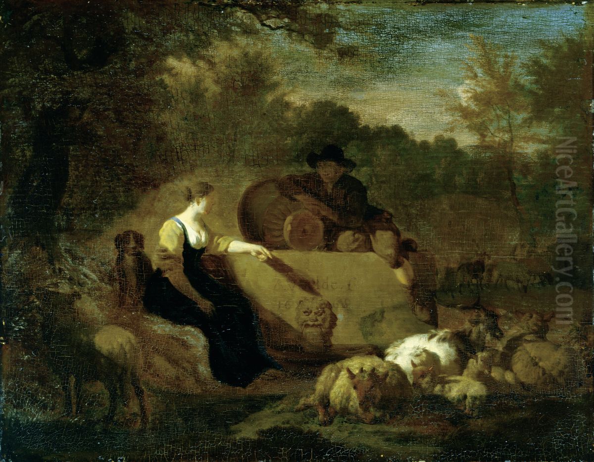 Shepherd and Shepherdess with their Flock at a Well Oil Painting by Adriaen Van De Velde