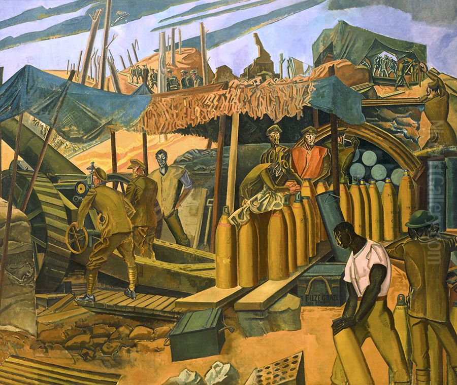 A Canadian Gun-pit Oil Painting by Wyndham Lewis
