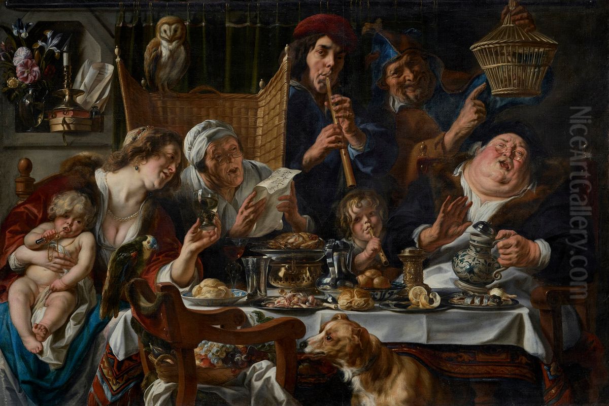 Soo de Oude songe, soo pypen de jonge Oil Painting by Jacob Jordaensand workshop