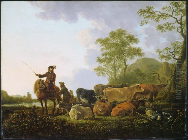 Cavalier et patre avec troupeau pres d'une riviere Oil Painting by Aelbert Cuyp