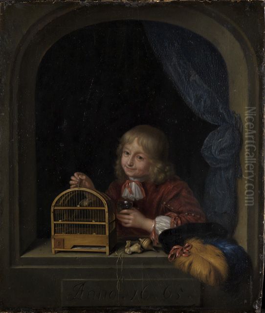 Boy with a Birdcage in a Window Oil Painting by Frans van Mieris