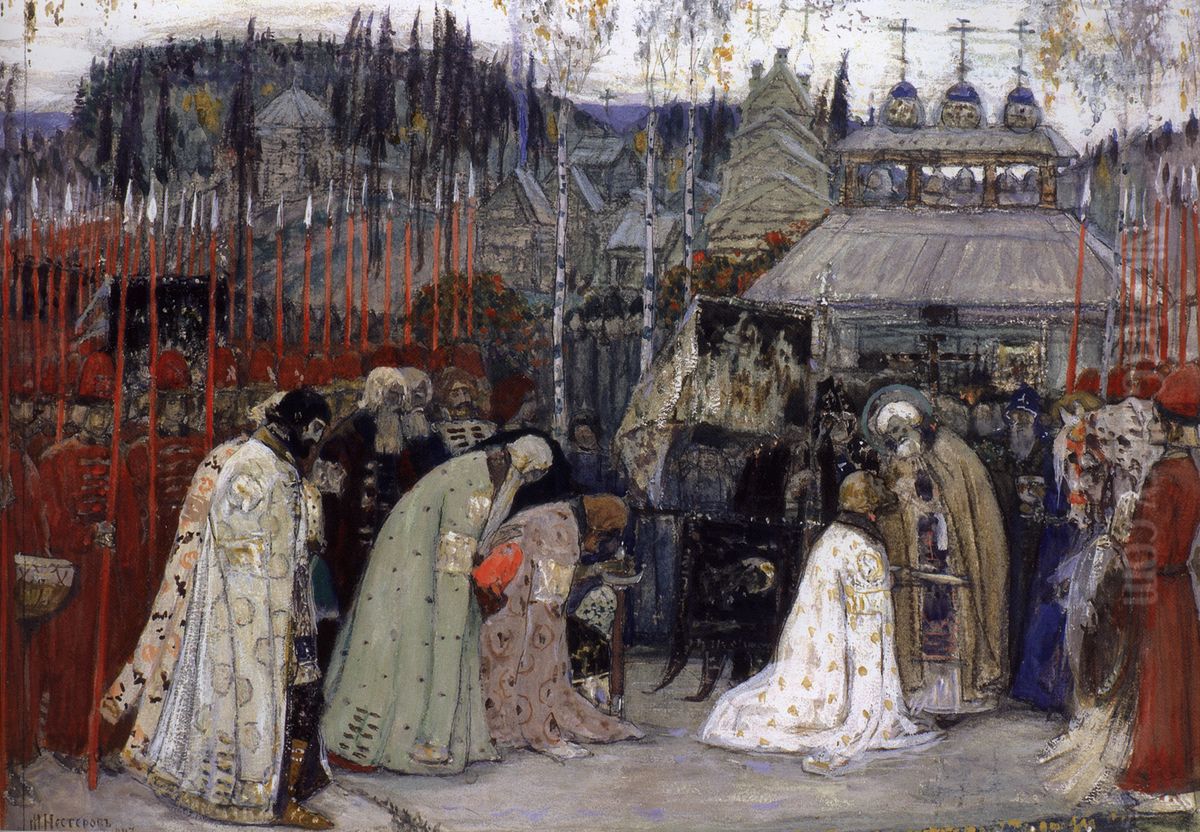 Blessing of Sergius of Radonezh and Dmitry Donskoy at the Battle of Kulikovo Oil Painting by Mikhail Nesterov