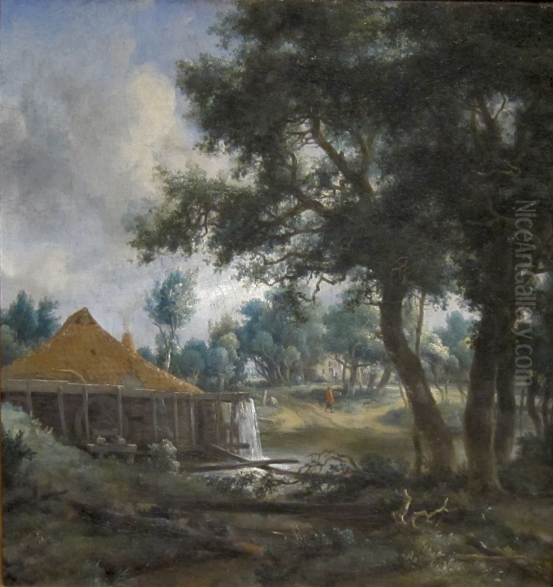 Watermill with a smoking chimney Oil Painting by Meindert Hobbema