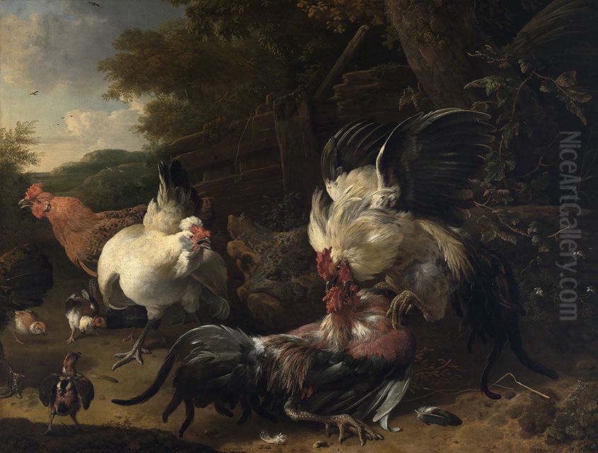 Kampfende Hahne Oil Painting by Melchior D'Hondecoeter