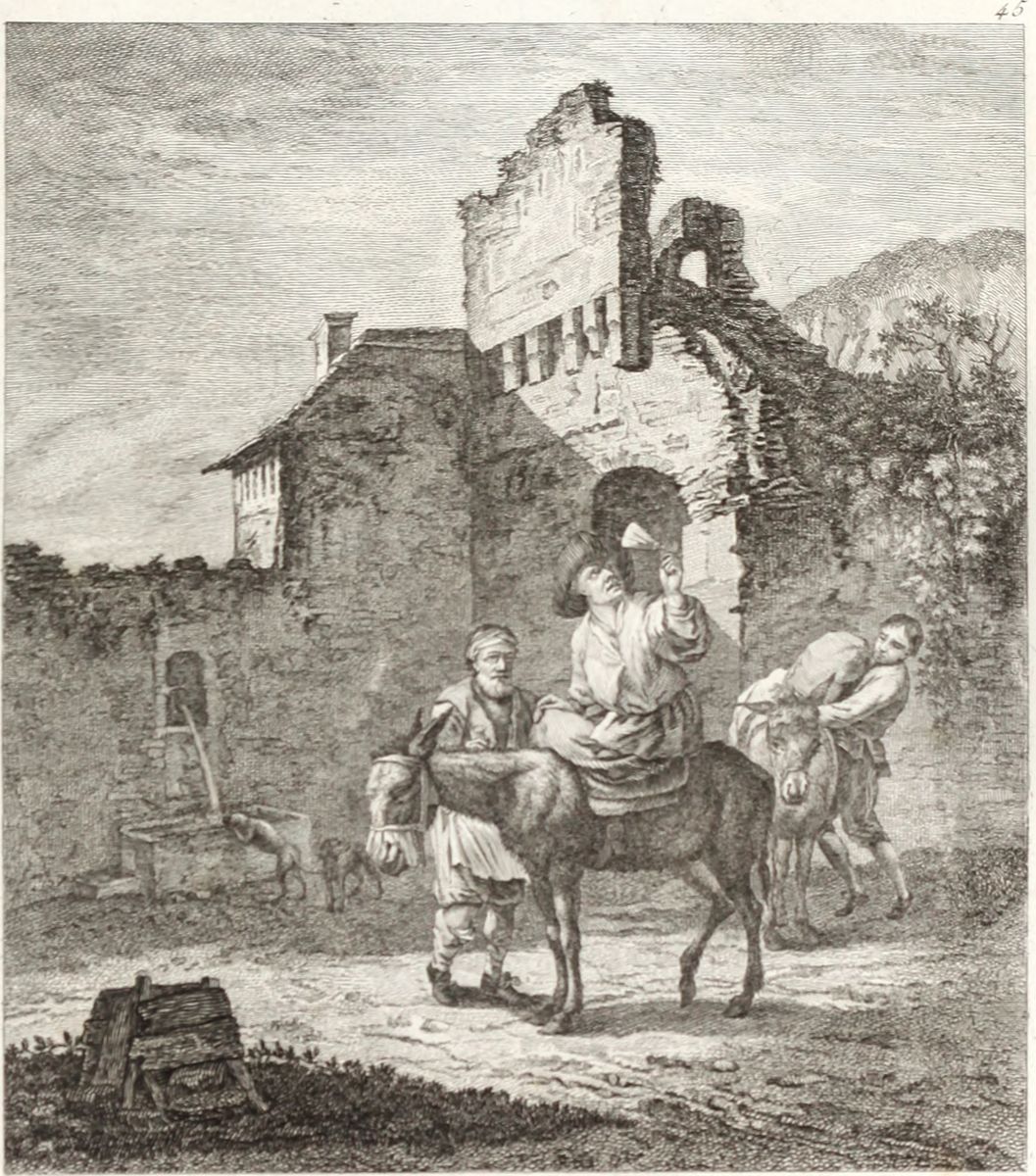 Ruined Castle with a Man on a Donkey before a Gate Oil Painting by Th. Le Grand