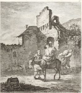 Ruined Castle with a Man on a Donkey before a Gate