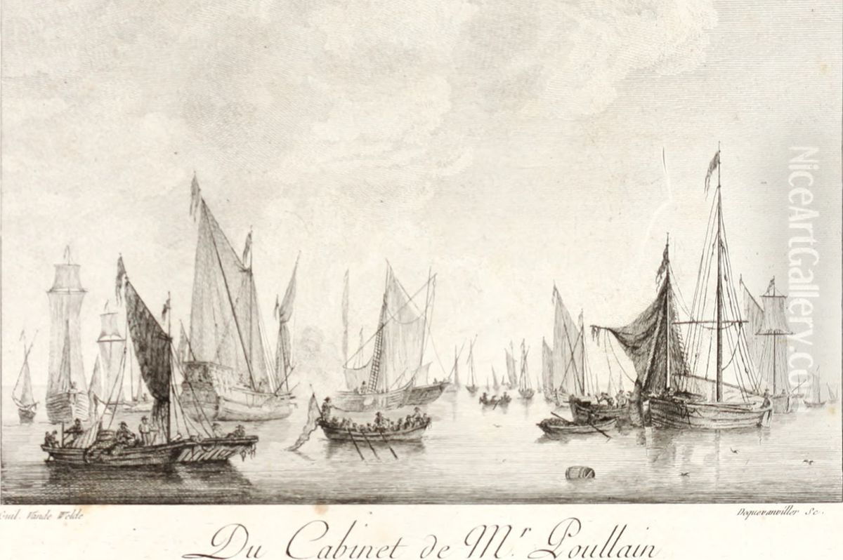 A Calm Sea with several vessels under sail Oil Painting by Francois Dequevauviller