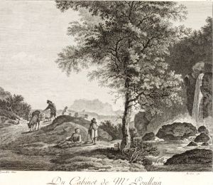 Mountainous landscape with a waterfall and travelers
