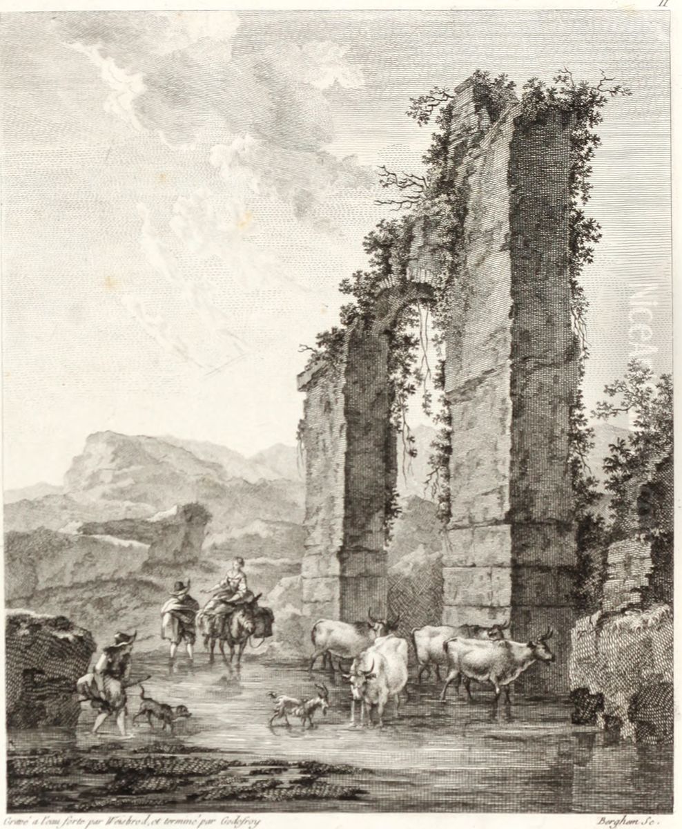 Zuidelijk landschap met herders en vee bij een ruine Oil Painting by Carl Wilhelm Weisbrod