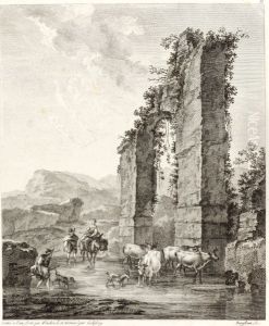 Zuidelijk landschap met herders en vee bij een ruine