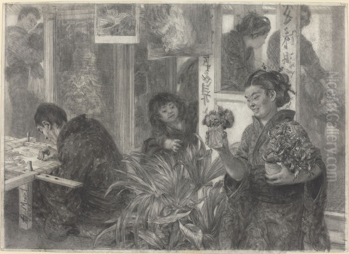Japanese Artist at Work Oil Painting by Adolph von Menzel