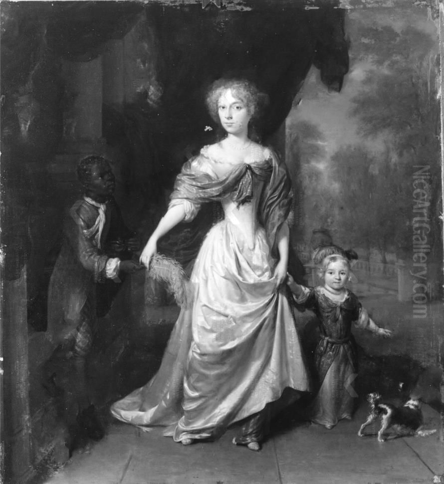 Portrait of an unknown woman with her daughter and a bediende Oil Painting by Jan Verkolje