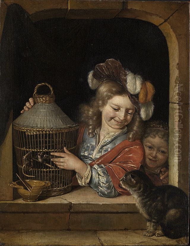 Two children with a cat and birdcage in a window Oil Painting by Eglon van der Neer