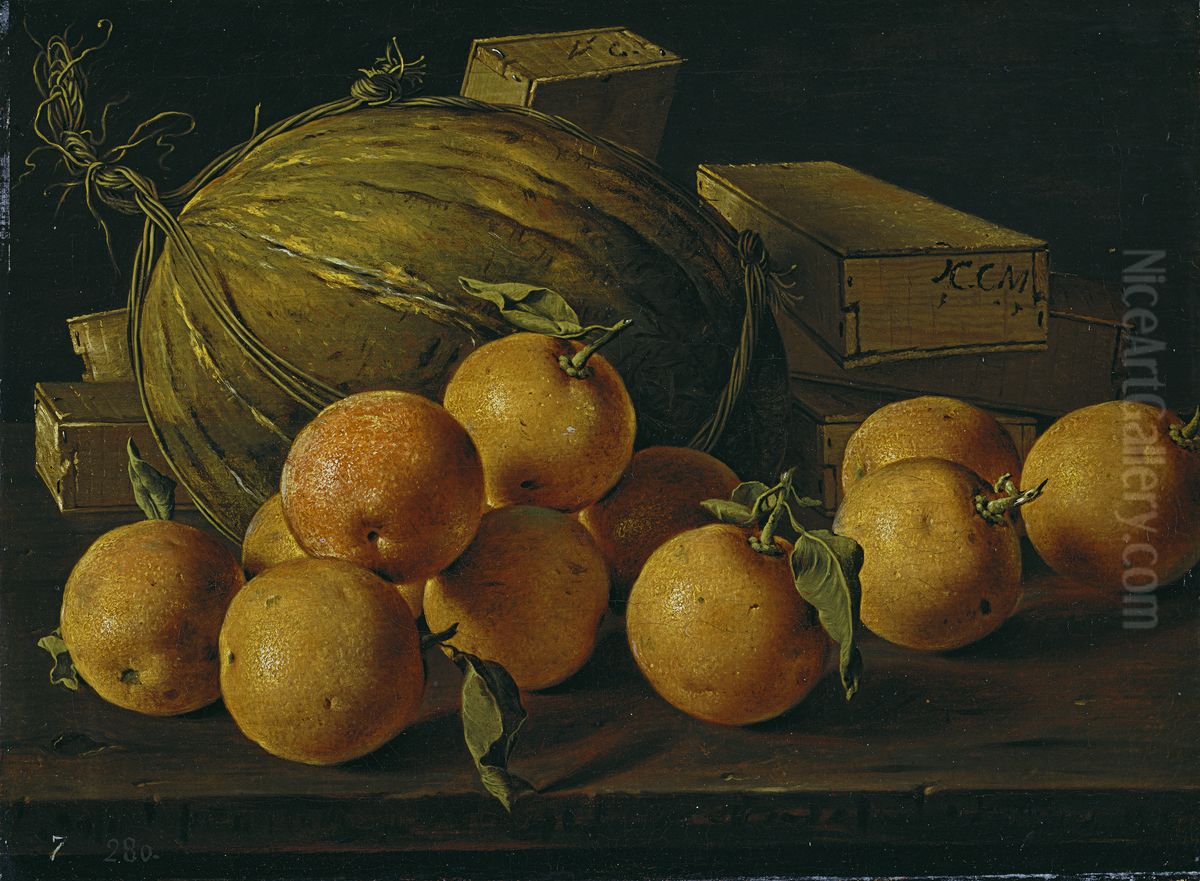Bodegon con naranjas, melon y cajas de dulces. Oil Painting by Luis Egidio Melendez