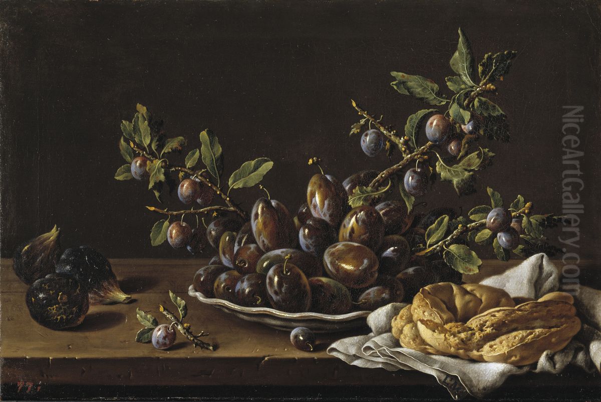 Bodegon con plato de ciruelas, brevas y rosca de pan Oil Painting by Luis Egidio Melendez
