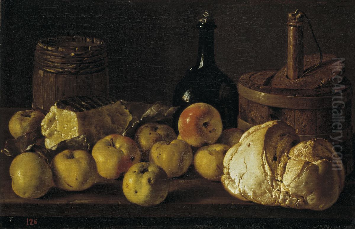 Bodegon con manzanas, pan, queso y recipientes. Oil Painting by Luis Egidio Melendez