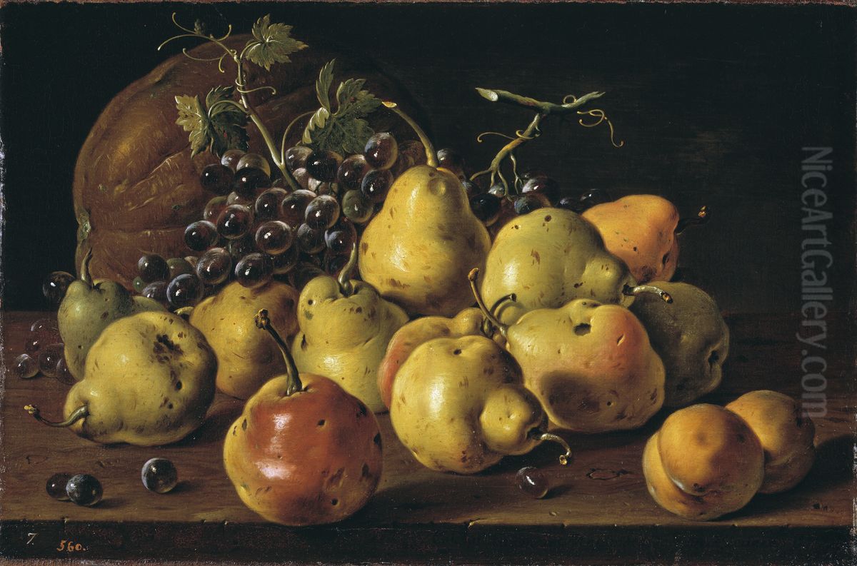 Bodegon con peros y melocotones, uvas y melon. Oil Painting by Luis Egidio Melendez