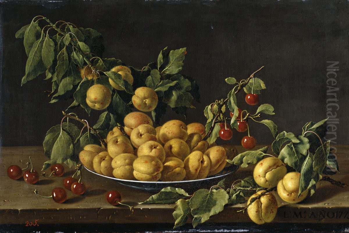 Still Life with Plate of Apricots and Morello Cherries Oil Painting by Luis Egidio Melendez