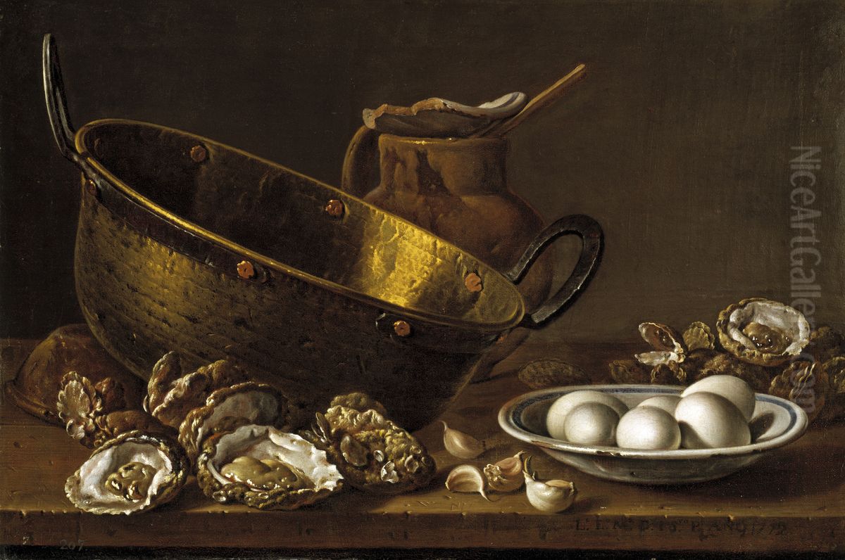 Still Life with Oysters Garlic Eggs Pot and Pan Oil Painting by Luis Egidio Melendez