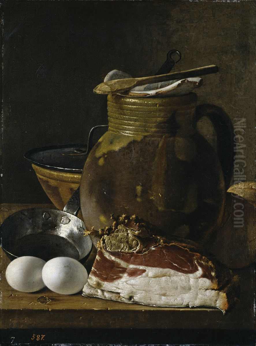 Still Life with Ham Eggs and Vessels Oil Painting by Luis Egidio Melendez