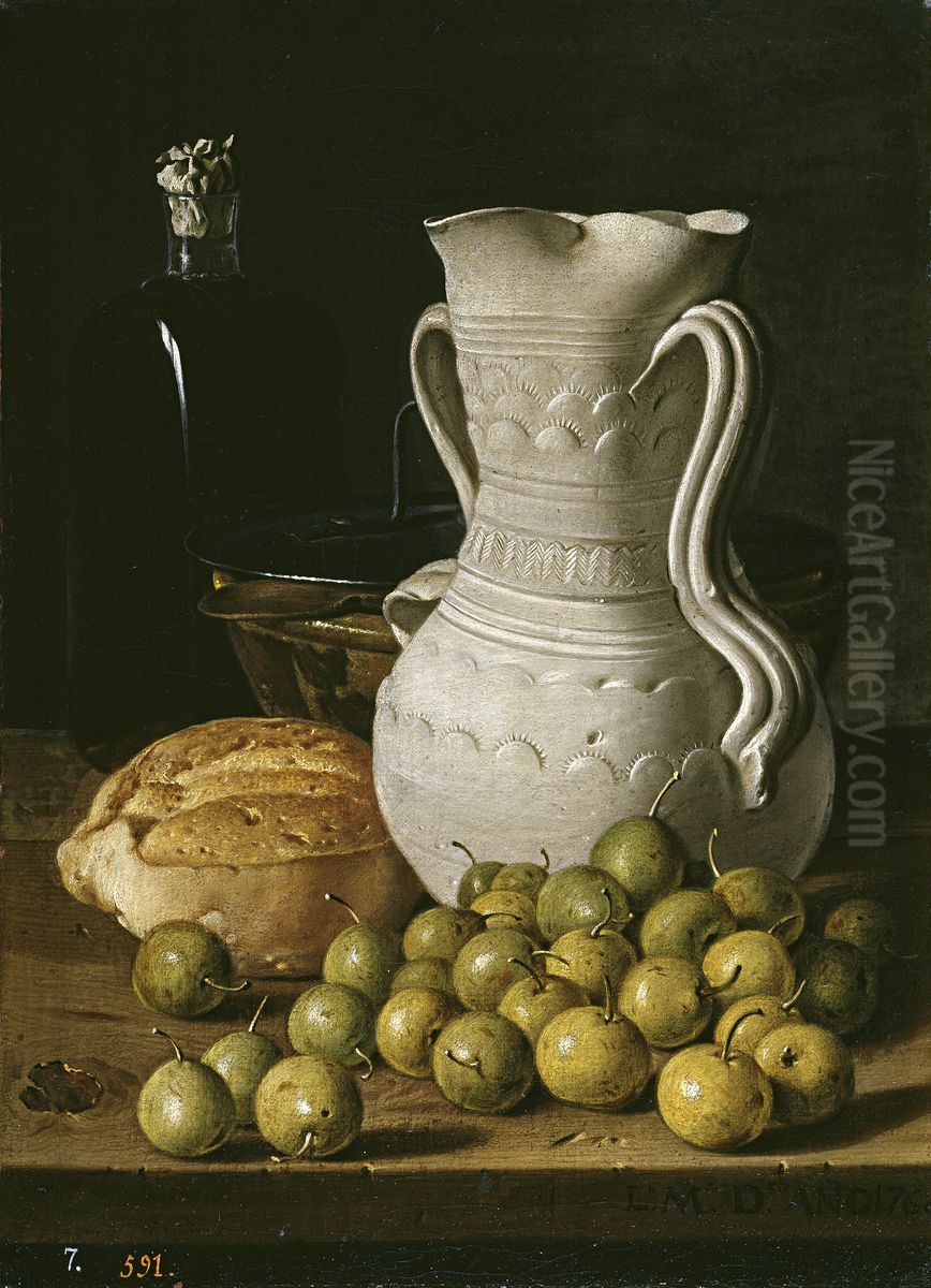 Still Life with Small Pears Bread Flask Bowl and Dry Leaves Oil Painting by Luis Egidio Melendez