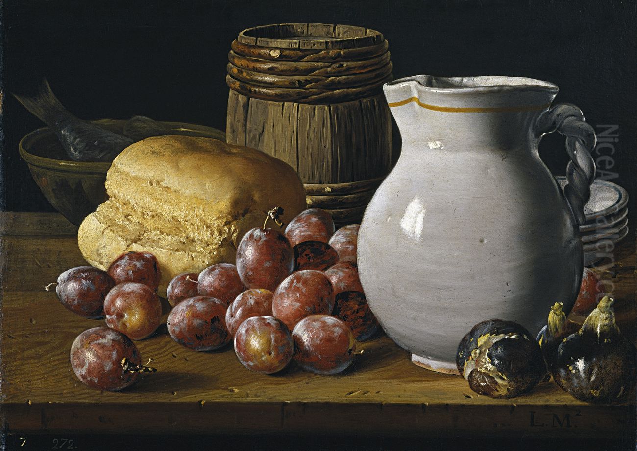 Bodegon con ciruelas, brevas, pan, barrilete, jarra y otros recipientes Oil Painting by Luis Egidio Melendez