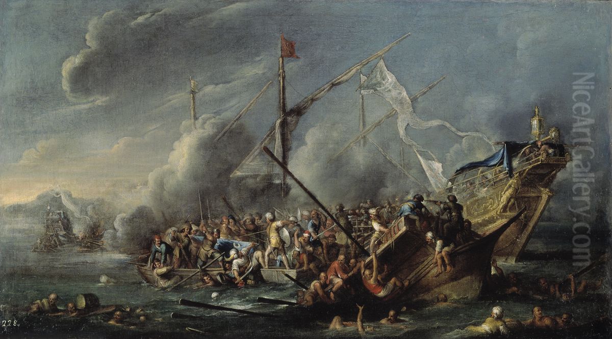 Combate naval entre espanoles y turcos Oil Painting by Cornelis de Wael
